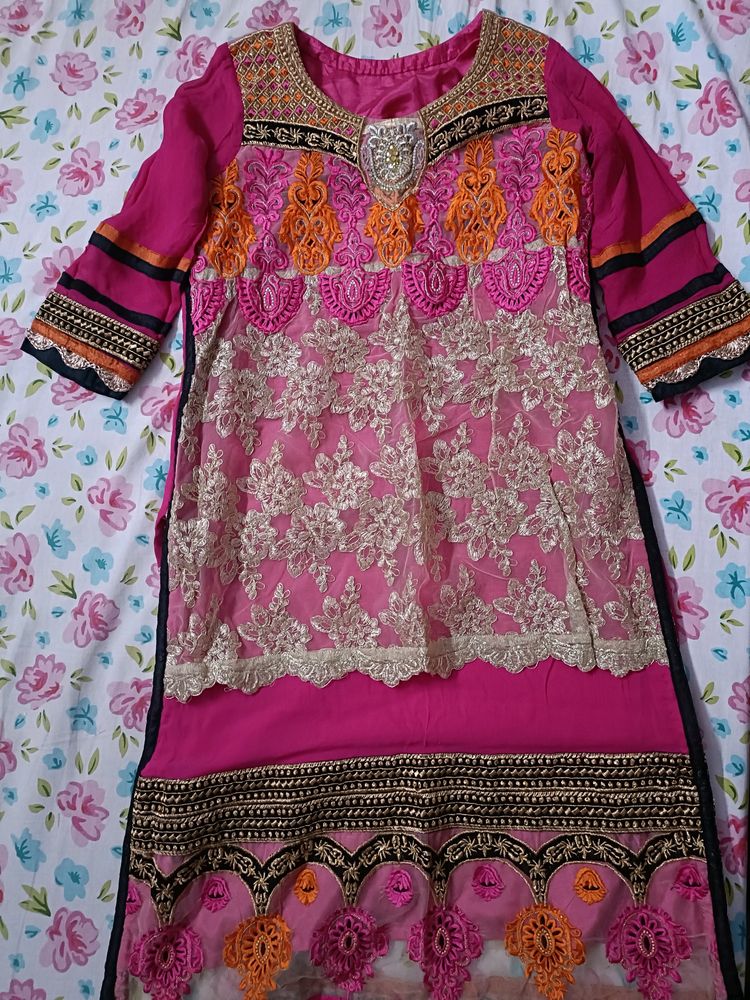 Pink Kurta Set With Palazzo & Dupatta