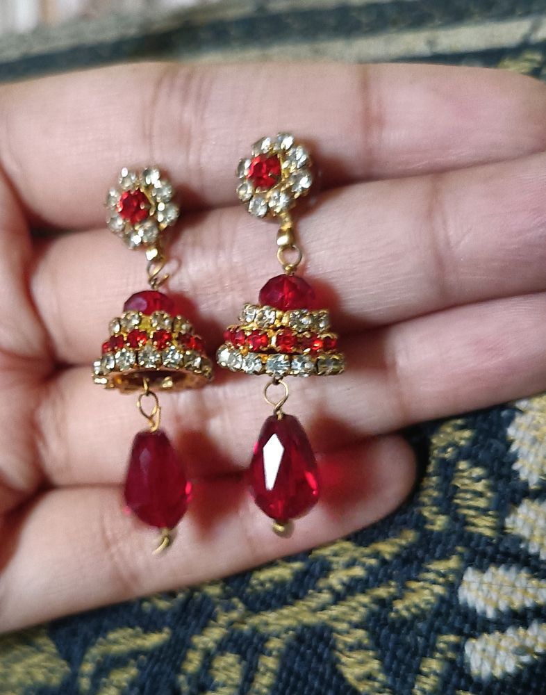 Oxidised Jhumka And Small Red Earrings