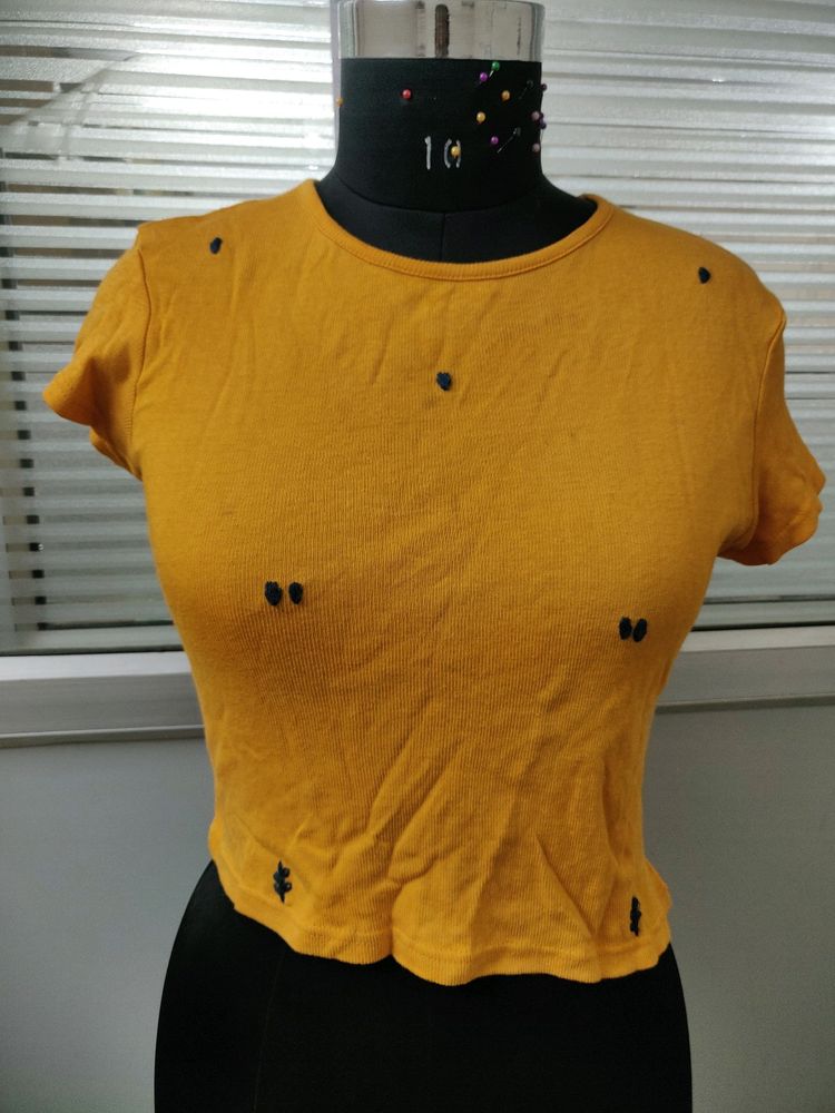 Stylish Mustard Short Sleeve Rib Crop Top