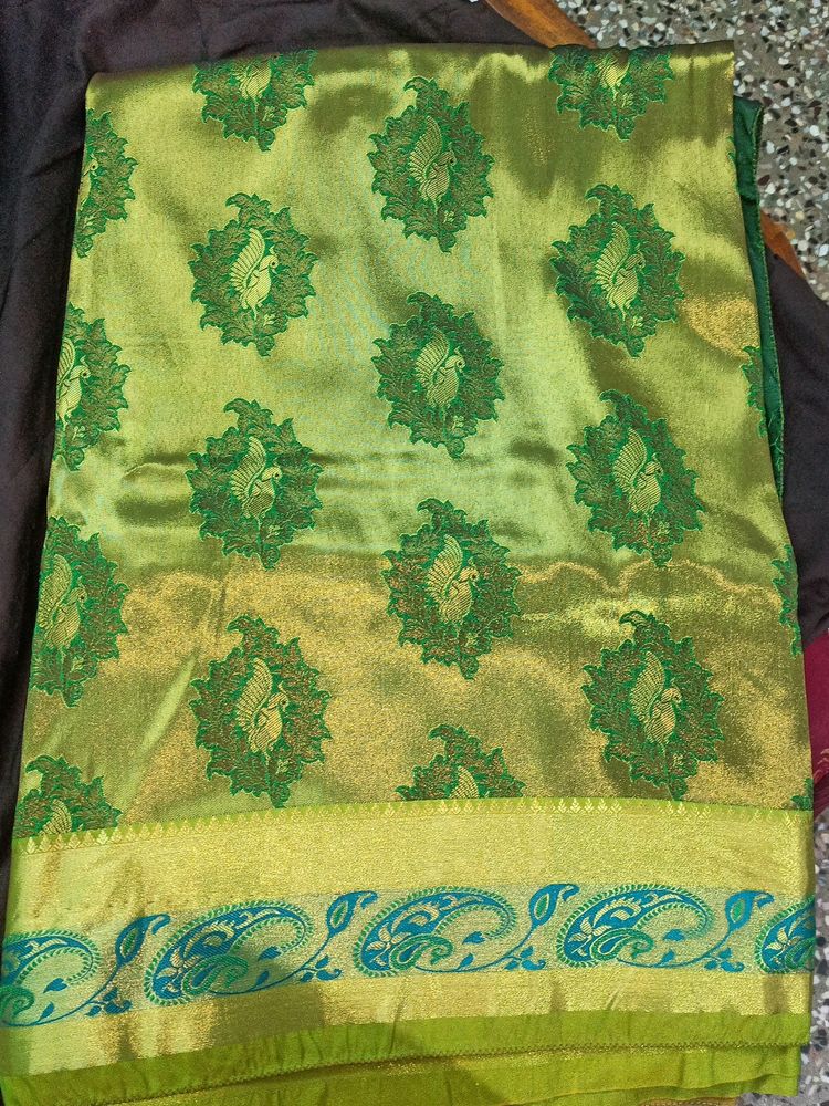 Pattu Saree With Blouse Green And Gold Color