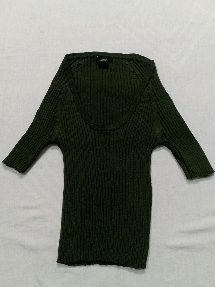 Dark Olive Fitted/Stretchable Deep Neck Top