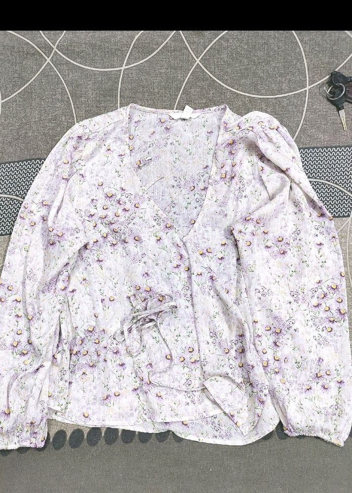 wrapover blouse top purple flower