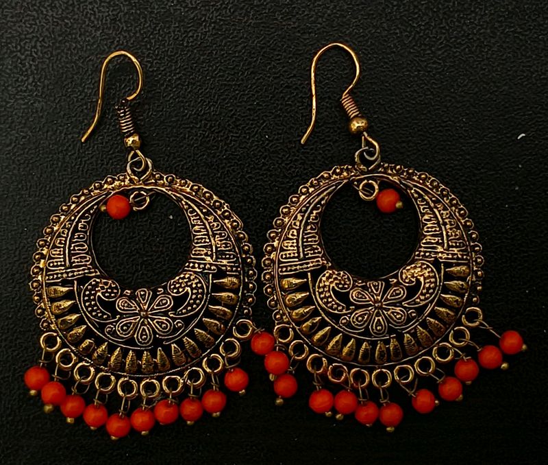 Orange Golden Oxidised Earrings