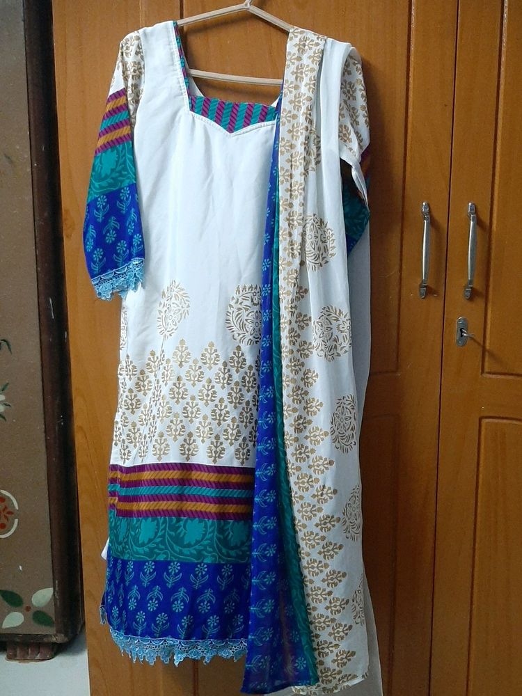 White Blue Golden Kurta Dupatta Pant Set