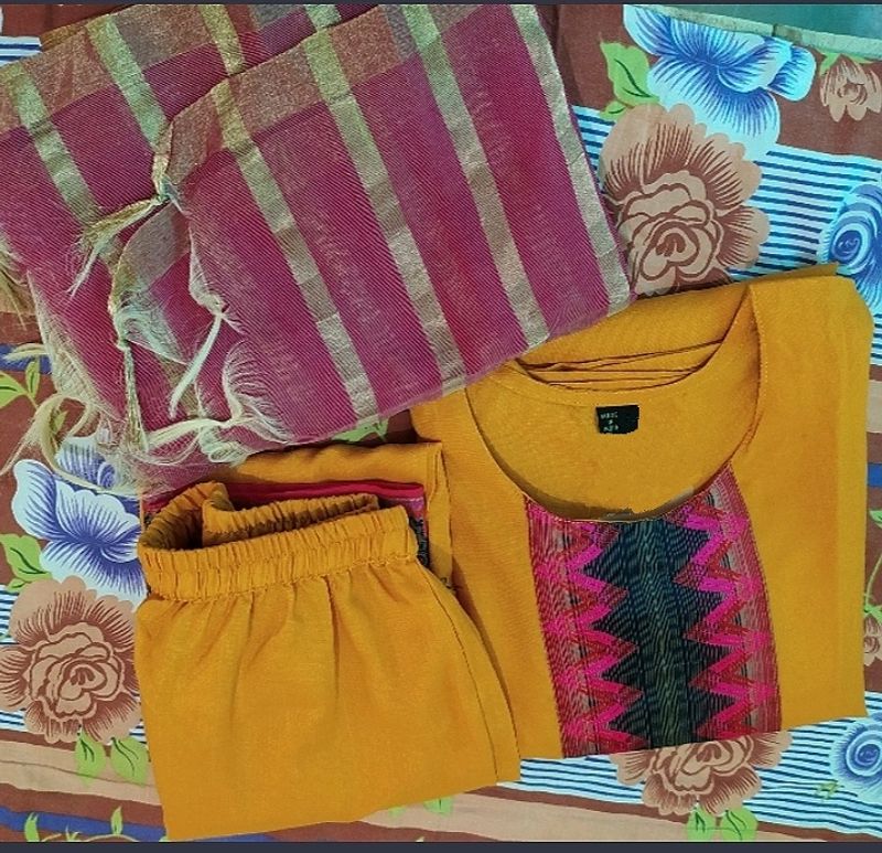 Mustard Suit Pant Set With Dupatta