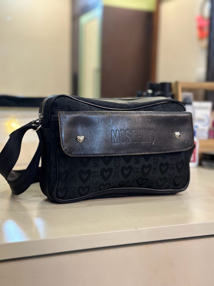 Auth Moschino Black Leather Messenger Bag