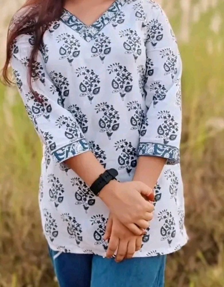 Printed White  Short Kurti