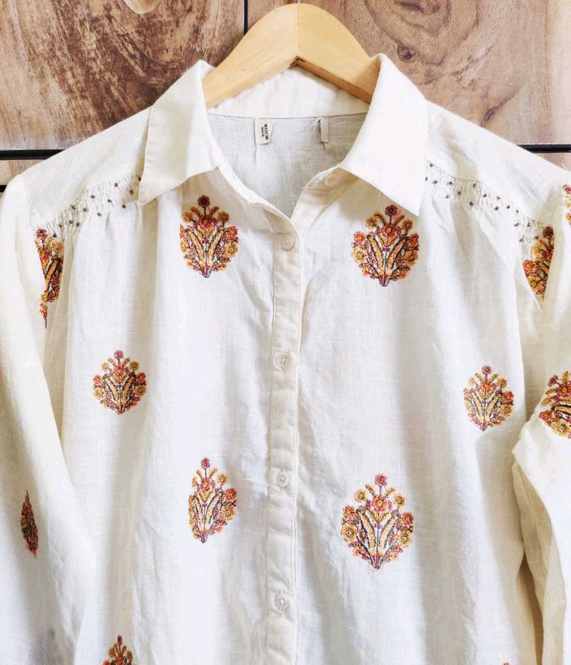 Cream Embroidery Work Shirt Size-44-46