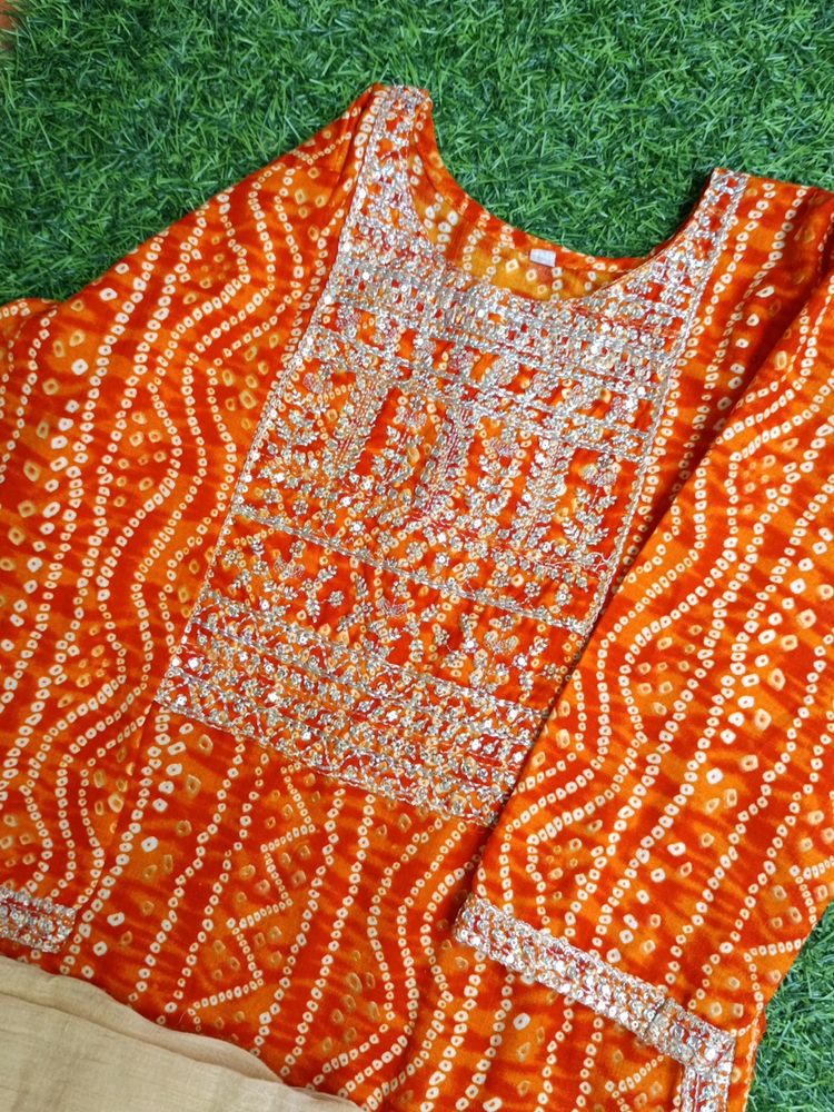 Orange Festive Kurti With Cotton Dupatta