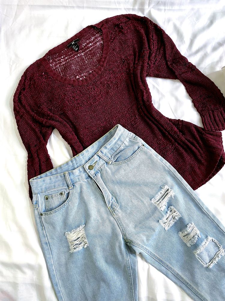 H&M Knitted Oversized Burgundy Pullover Top