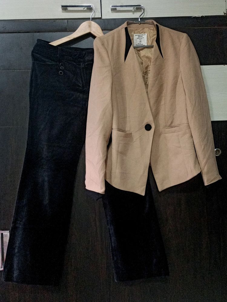 Nude Blazer With Velvet Pants