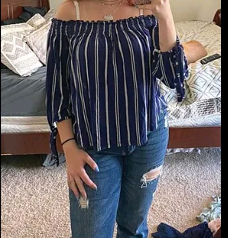 Blue And White Stripes Off Shoulder Top