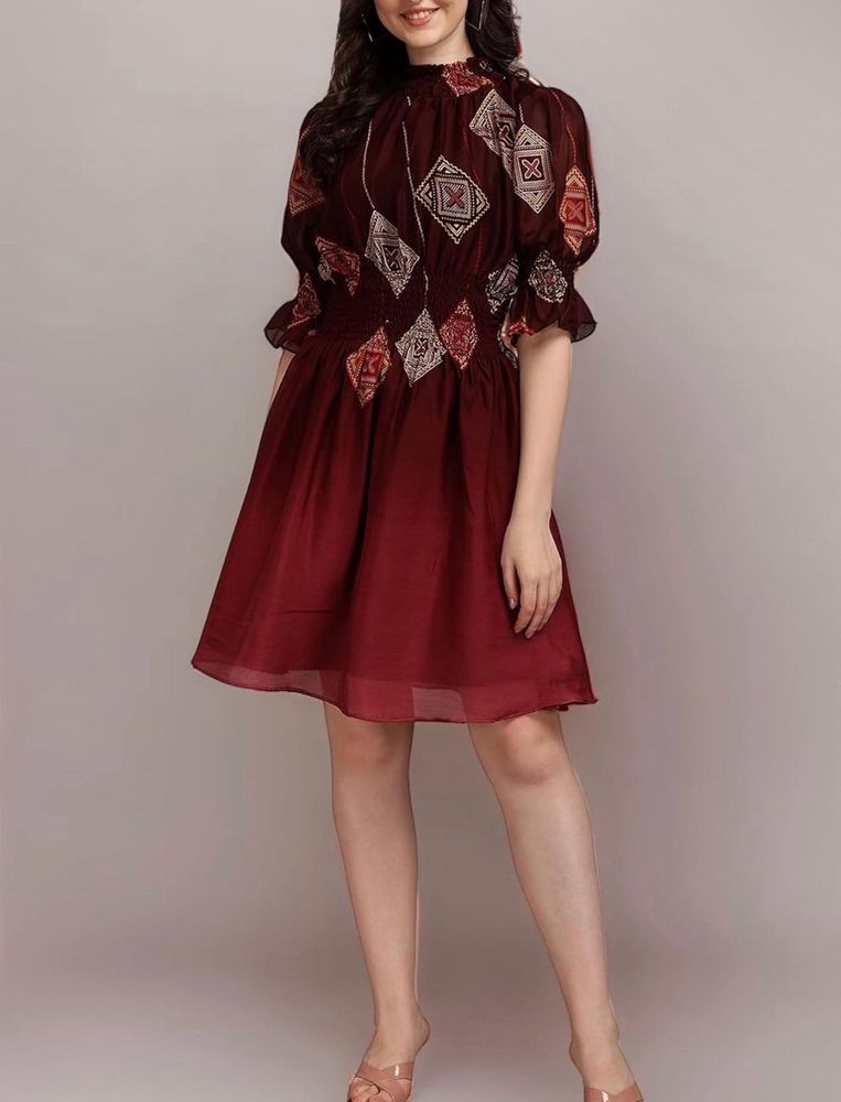 Maroon Dress With Stretchable Neck And Waist