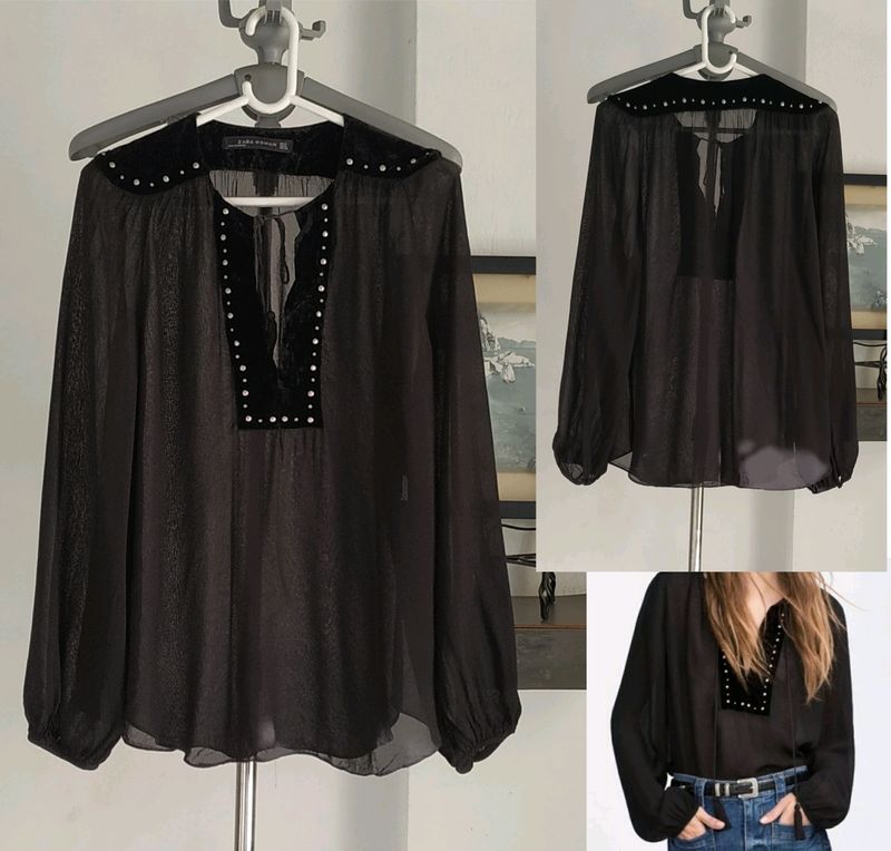 Zara Long Sleeve Tassel Black Velvet Studs Blouse