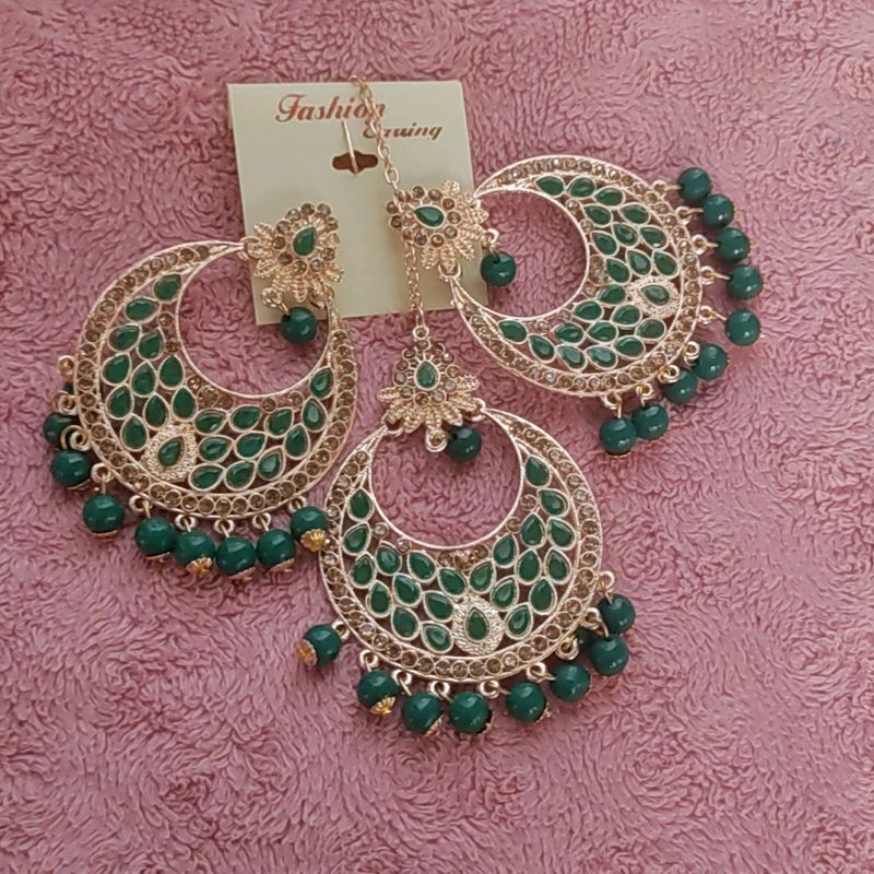 Dark green mangtika and earings set😍no coins/swap❌(Fixed price)