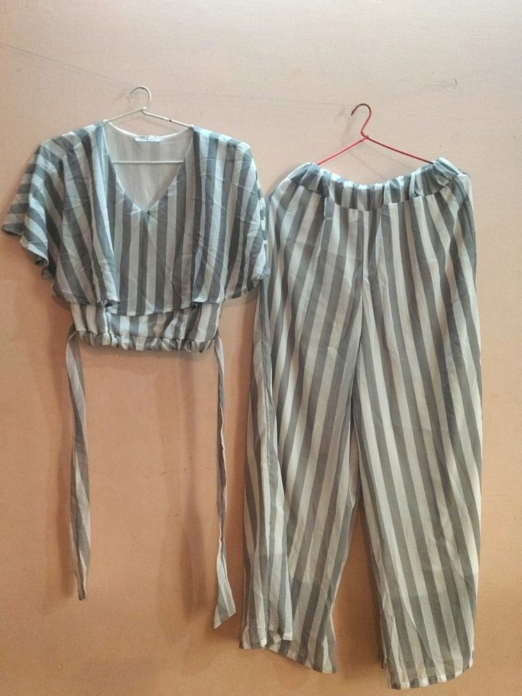 Grey And White Vertical Stripes 2 Piece Co Ord Set