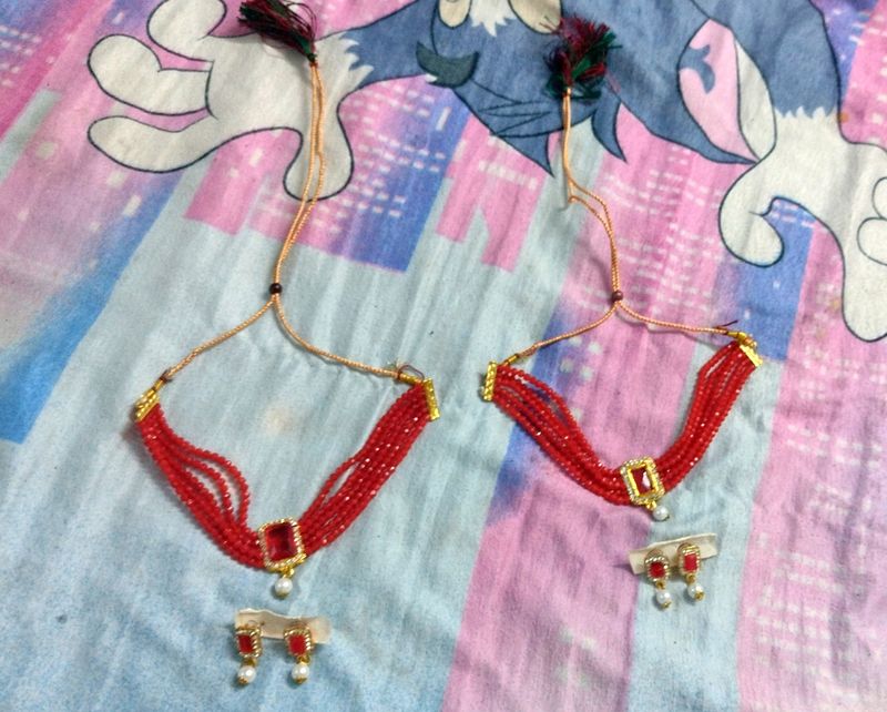 Red Choker And Earrings Jewellery Set Of Two