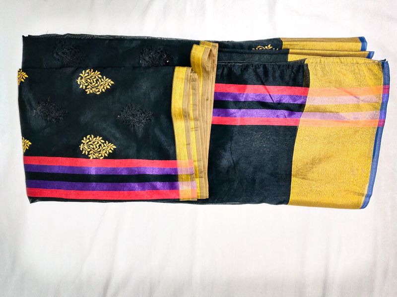 Black Cotton Chanderi Silk Saree