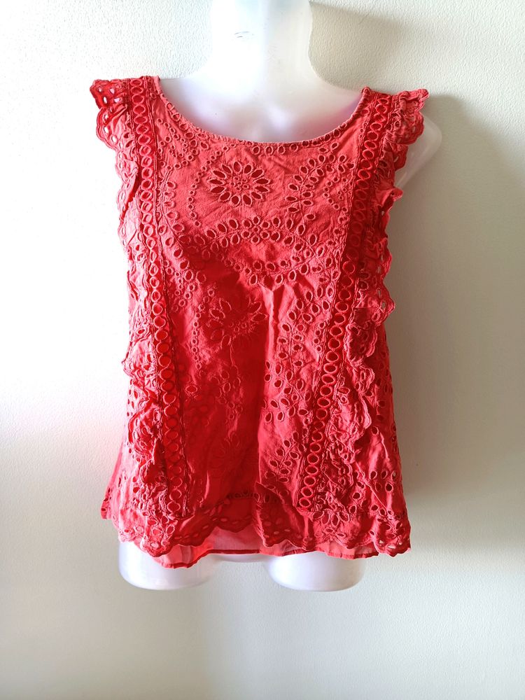 Forever New Coral Eyelet Lace Top