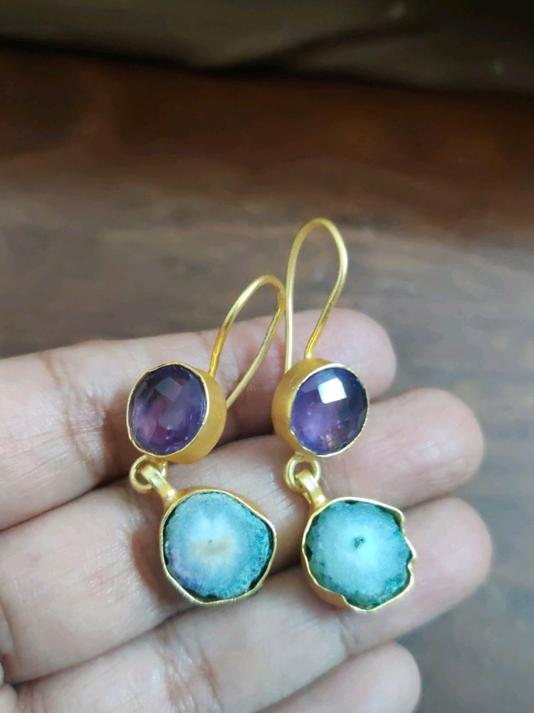 Gold Polished Earrings With Stones