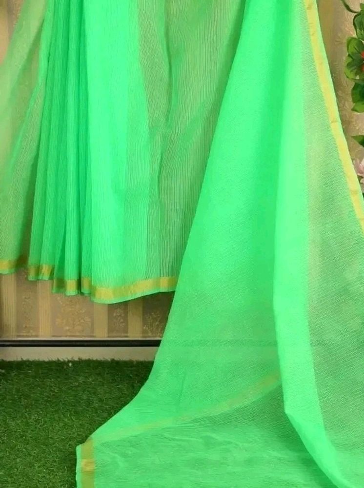 Green Colour Pure Cotton Saree With Golden Boder