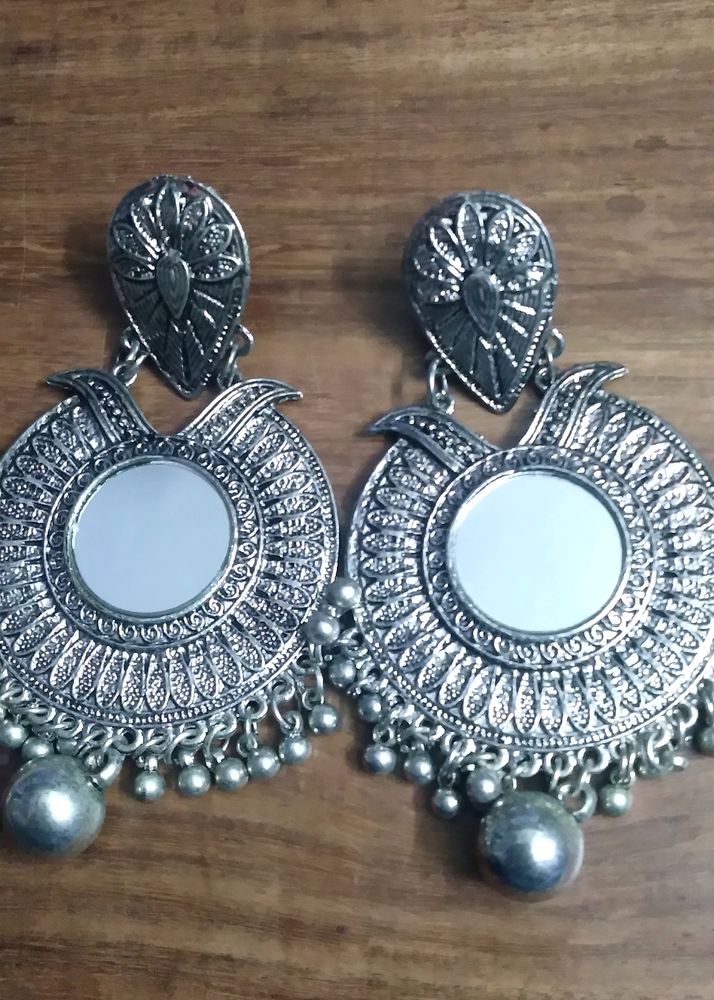 Big Size Oxidized Earrings With Mirror Work