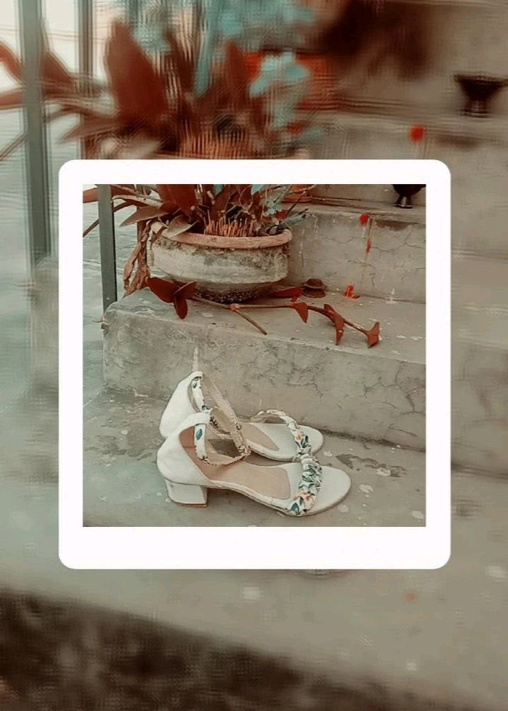 White Floral Block Heel