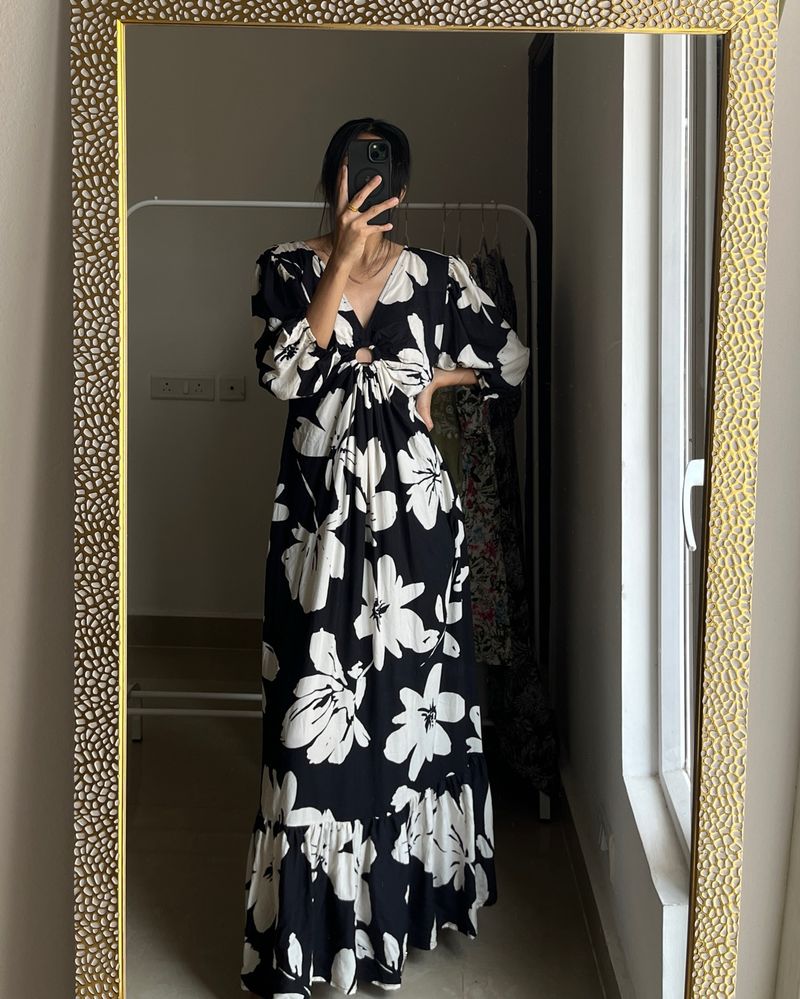 Black Floral Cutout Cotton Maxi Dress