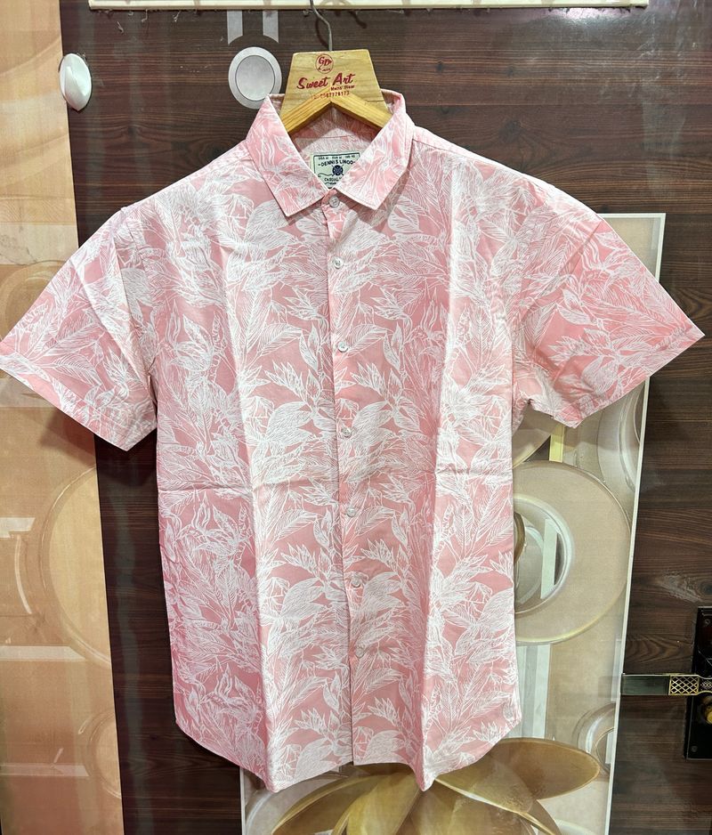 Mens Pink And White Half Sleeves Shirt