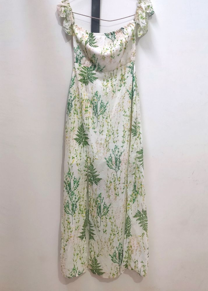 Off White And Green Tropical Printed Dress