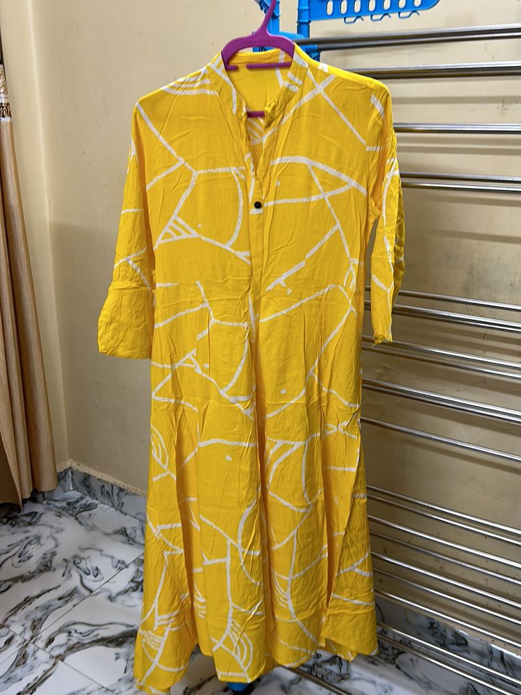 Yellow Designed Long Flared High Low Gown