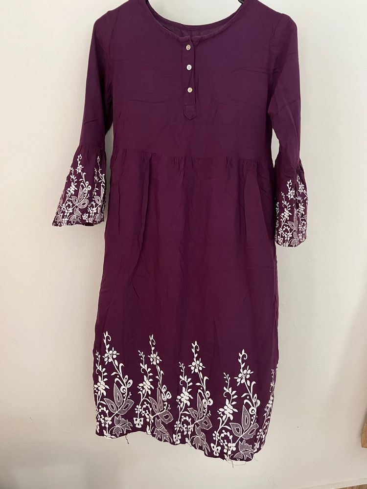 Purple Kurti With Floral Painting