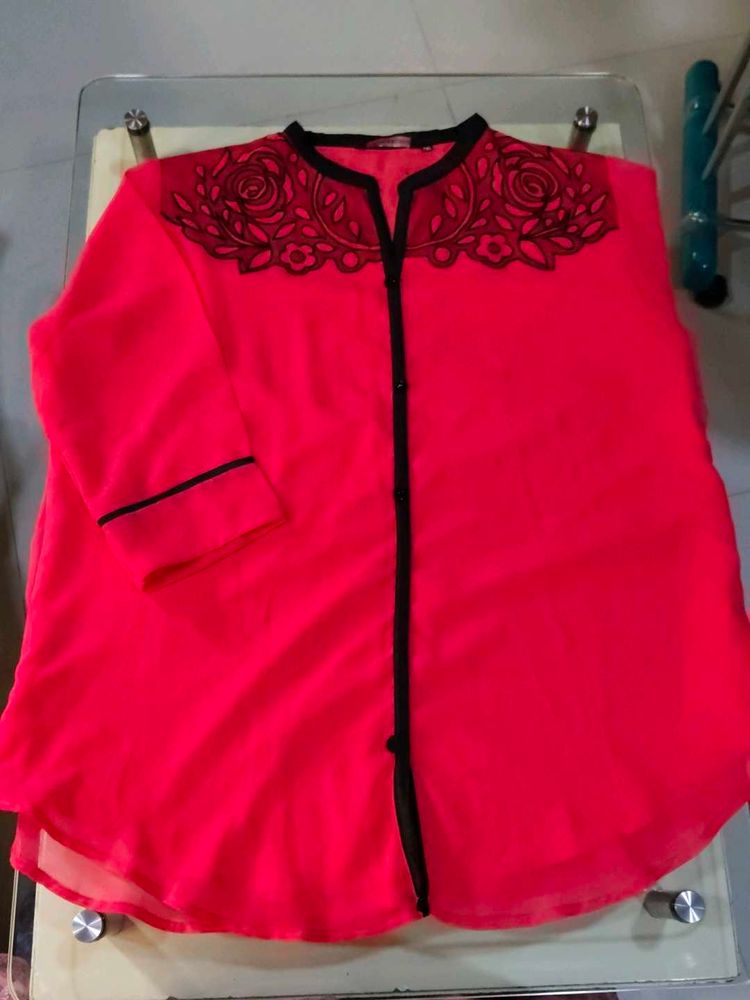 Coralred Shirt Type Top with Black Embelishments