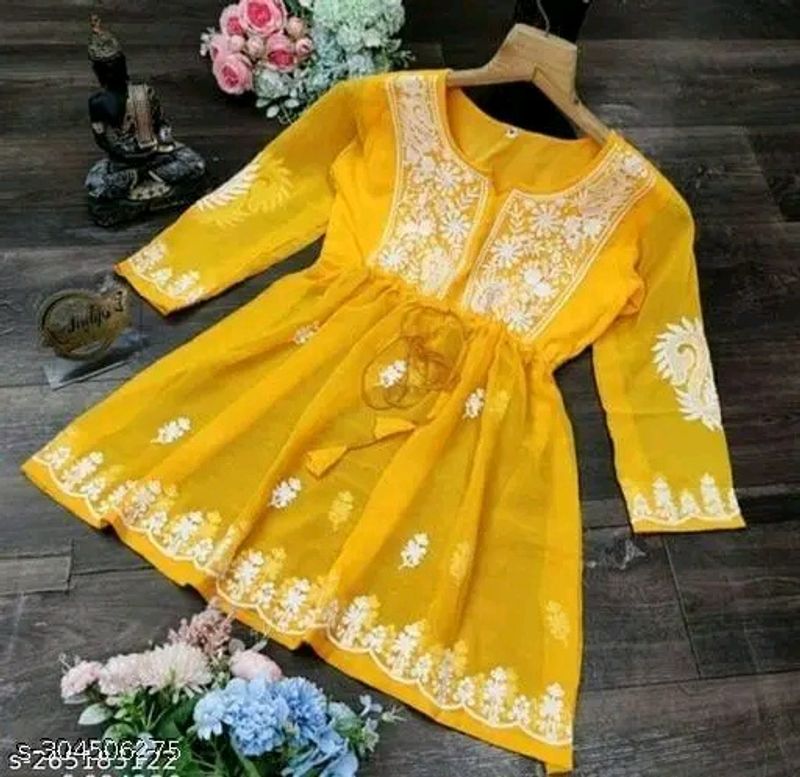 Yellow New Short Chickenkari Kurti