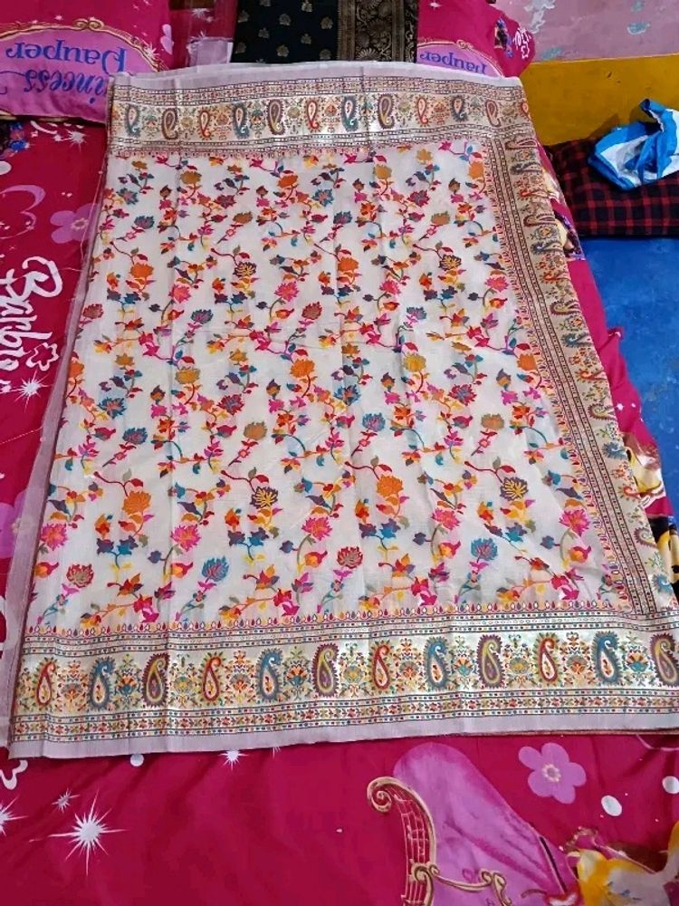 Paithani Cotton Silk White Zari Border Saree