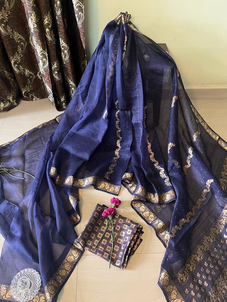 Blue Organza Silk  Saree Vth Blouse