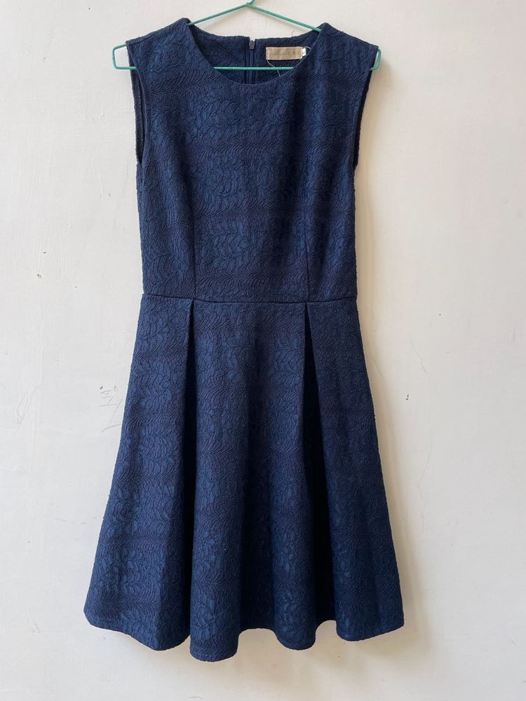 Elegant Navy Blue Textured A-Line Dress