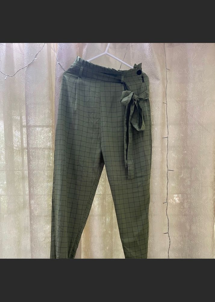 Green Checked Tie Wrap Loose Pants