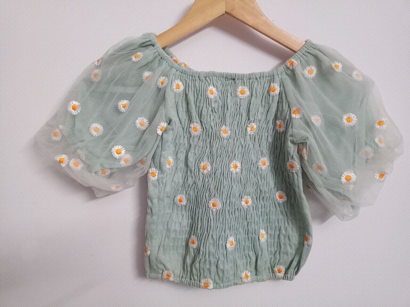 Shirred Daisy Embroidered Crop top