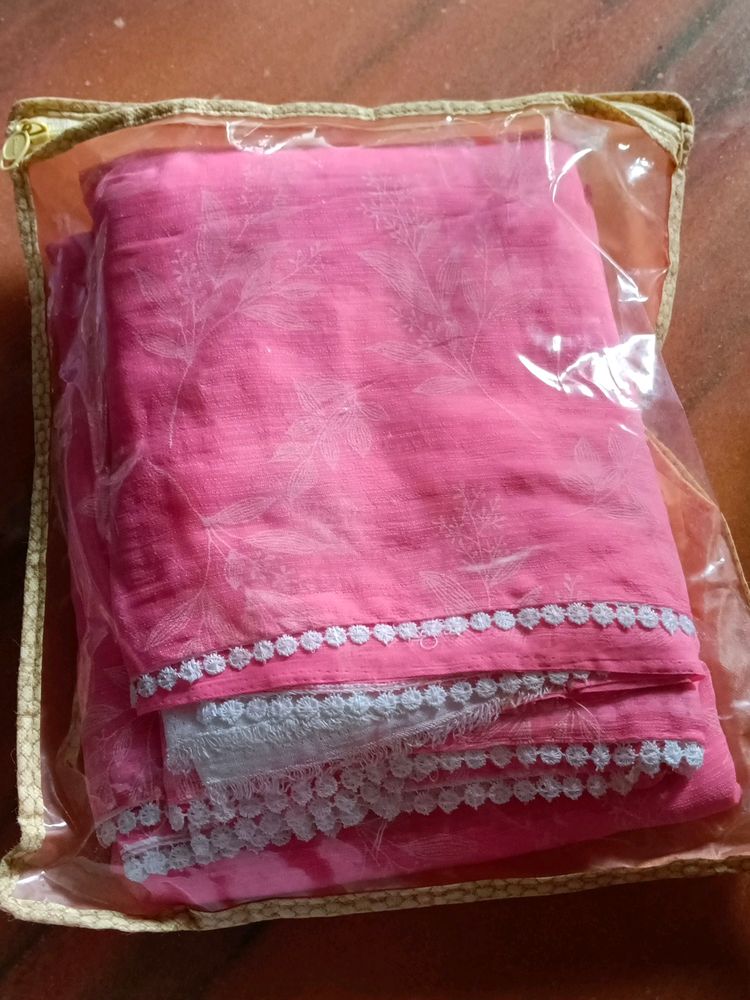 New Pink Saree Never Used With Blouse Fabric