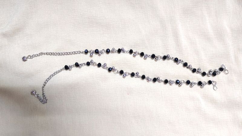 Silver Black Beads Anklet