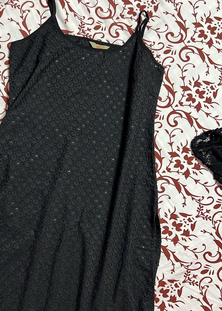 Black Cotton Ethnic Motifs Embroidered Kurta