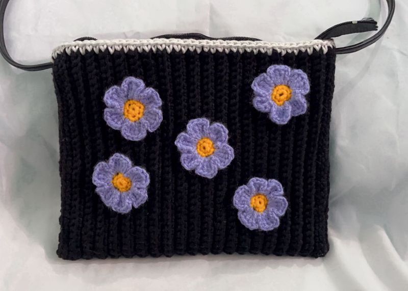 Beautiful Black Crochet Flowers Bag