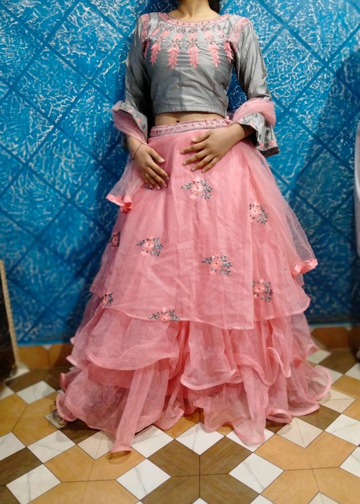 Net+Banarasi Lehnga Choli With Dupatta