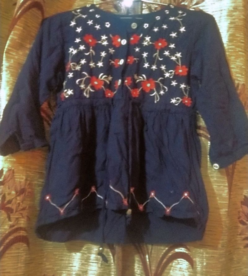 Casual Bell Sleeves Embroidered Navy Blue Top