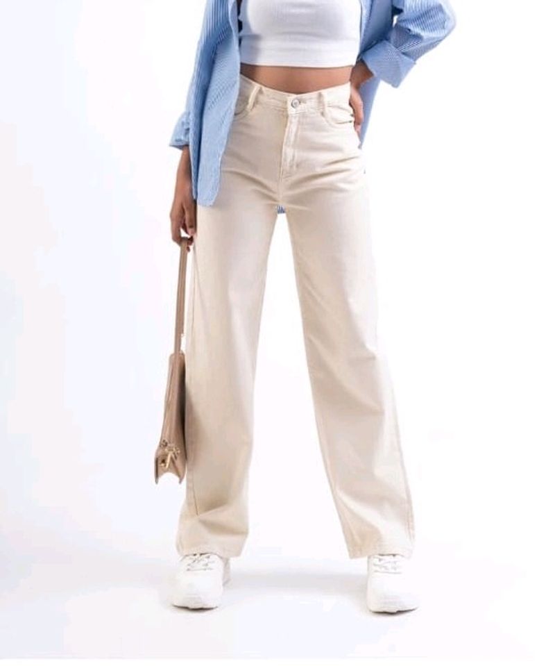 Beige Wide Leg Jeans