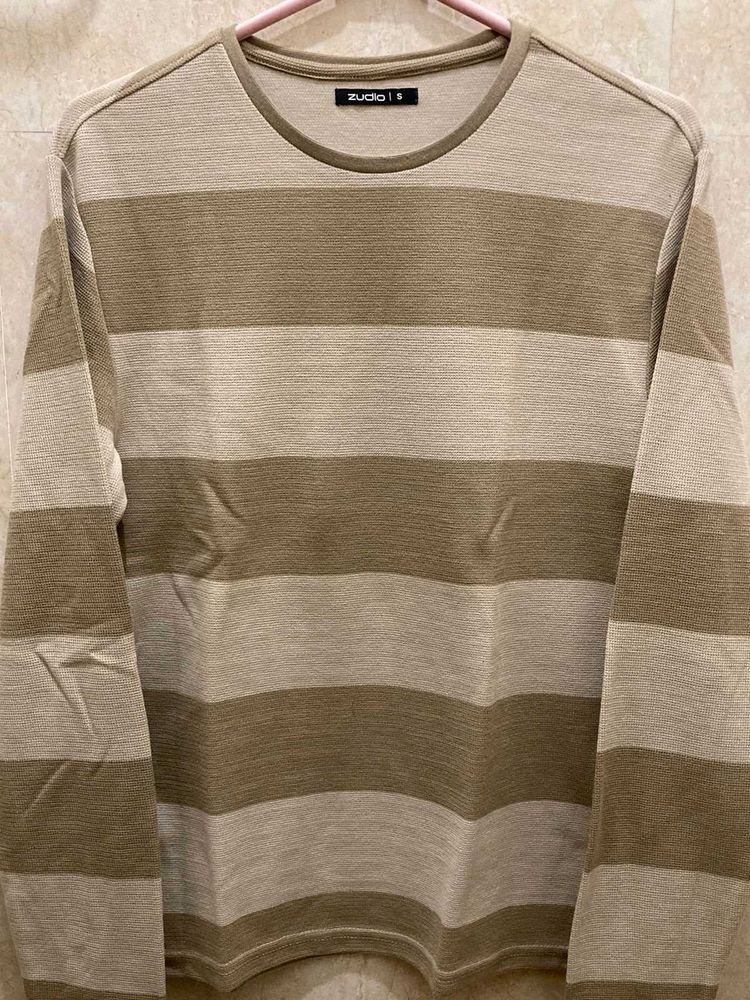 ZUDIO Beige Textured Stripe Slim Fit T-Shirt.