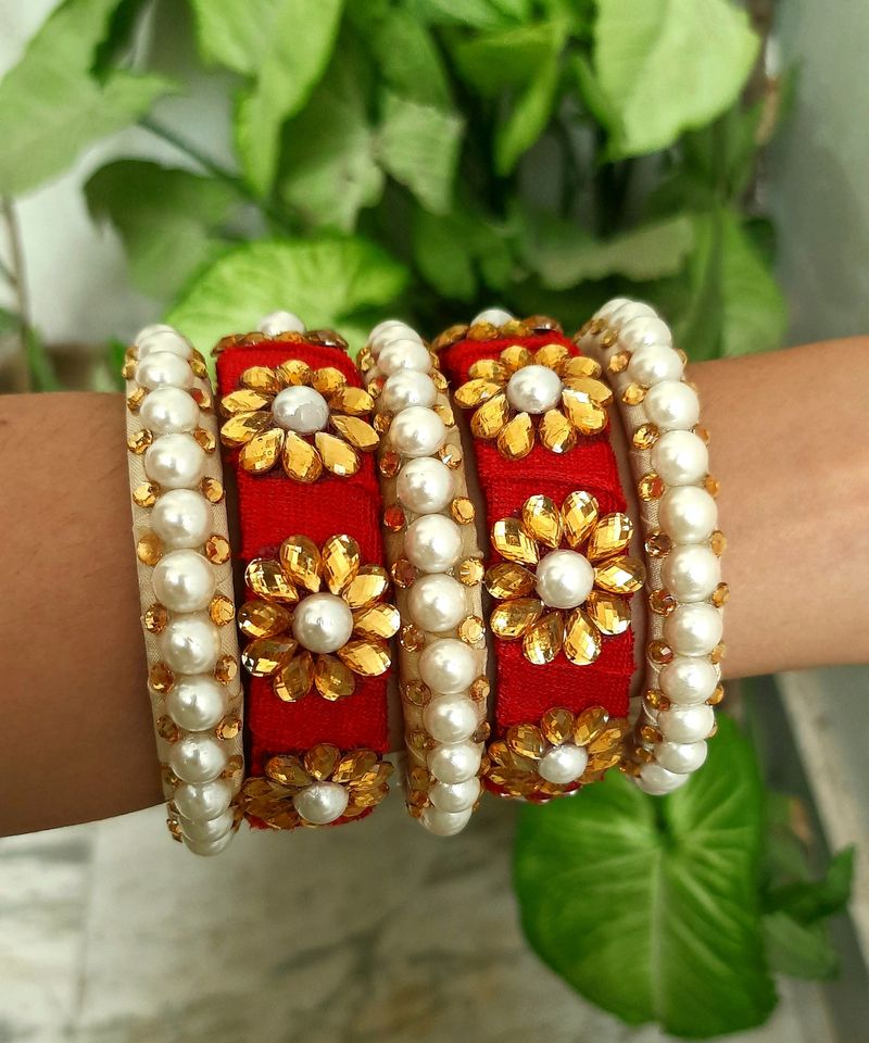 Red Velvet White Pearl Royal Bridal Bangles Set