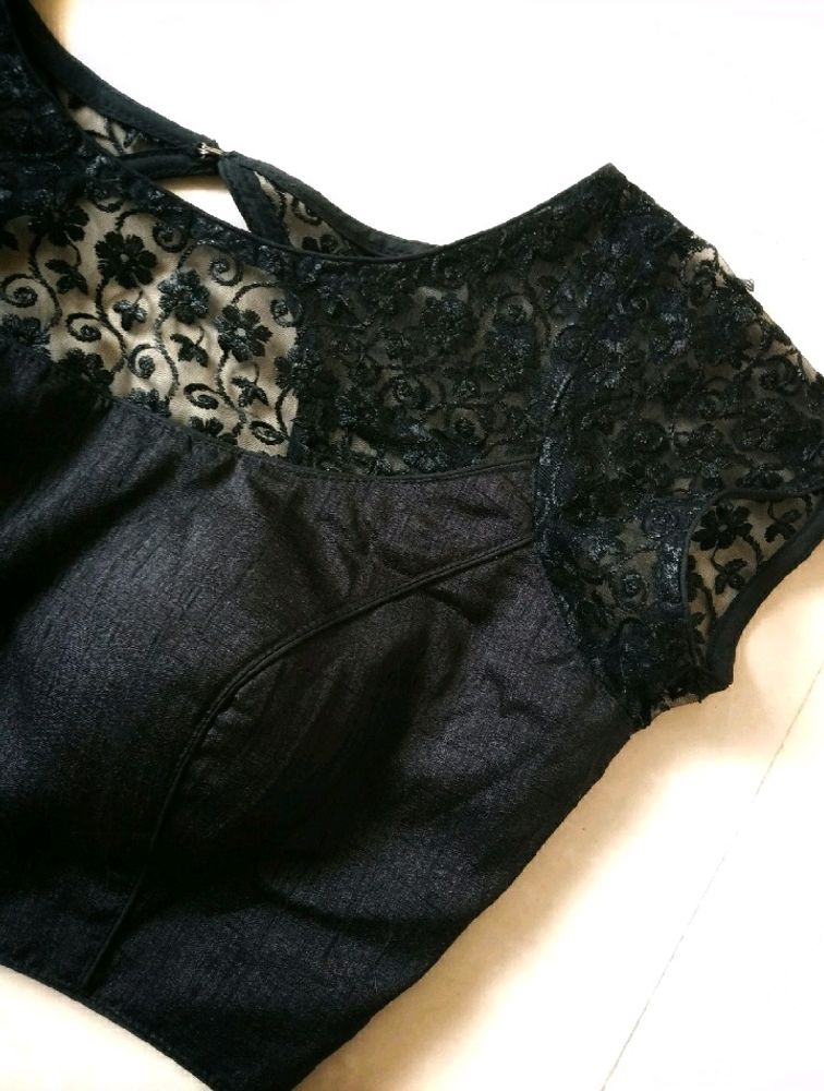 Brand New Designer Padded Black Blouse With Net Design And Stylish Back