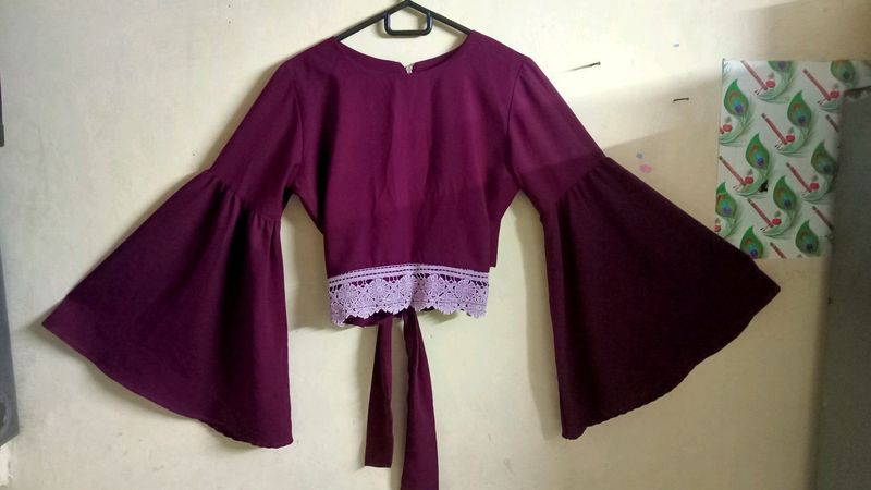 Lovely Wine Colour Crop Top With Butterfly Sleeves